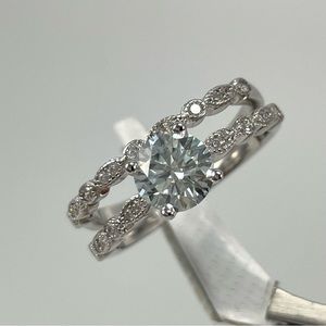 1CT White Moissanite Round Cut Certified Solid Silver Wedding Ring Set Set
